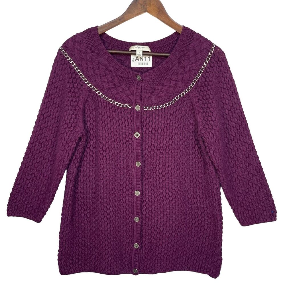 Liz Claiborne Cardigan Sweater Women Size M Purple Button Front Chain Cable Knit